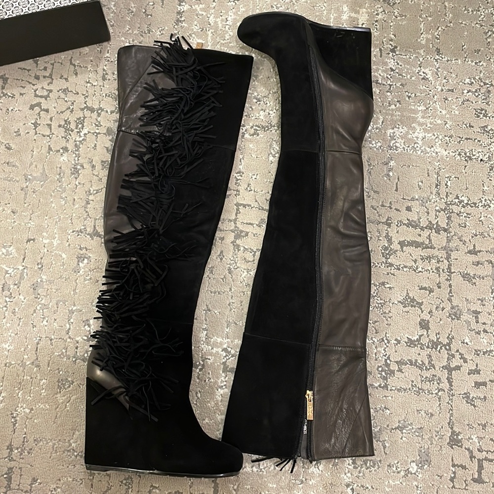 Fringe Leather Thigh high wedge boot